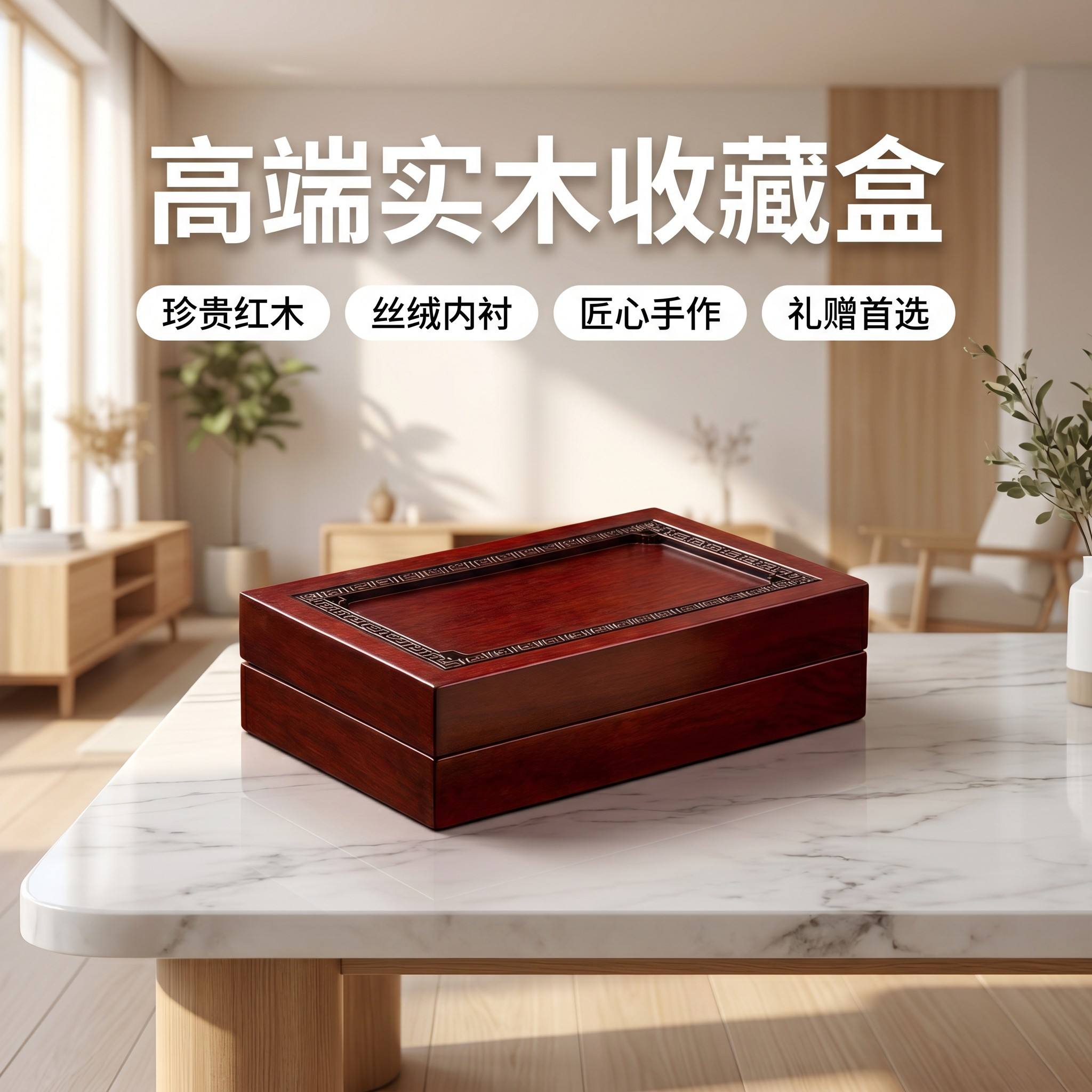 深红色实木收藏木盒 长款红木礼品盒 印章字画珠宝纪念币收纳翻盖木盒