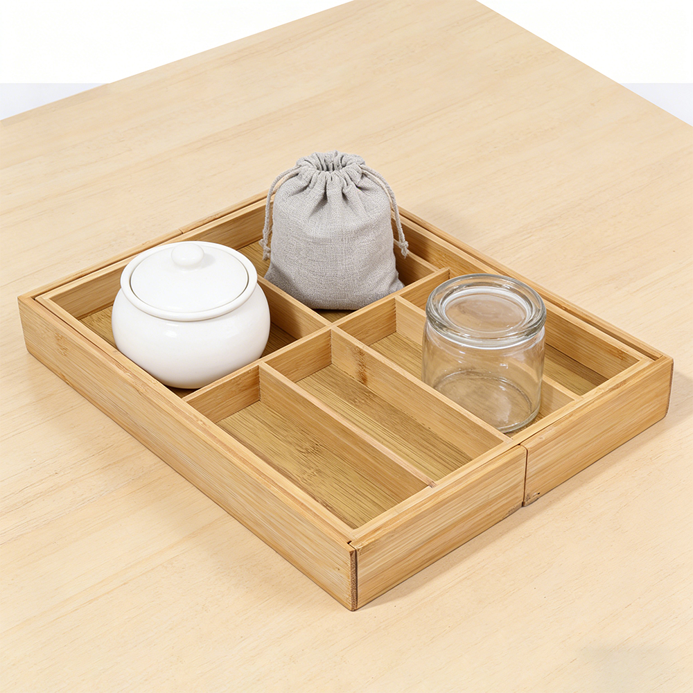 可伸缩竹制分格收纳托盘 桌面茶具餐具分类置物盒 家用竹木分隔整理盘