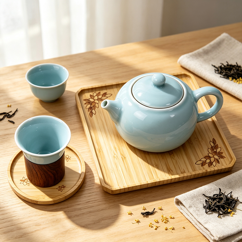 竹制茶盘套装 长方形竹托盘 家用功夫茶具茶杯垫 干泡盘茶台点心收纳盘